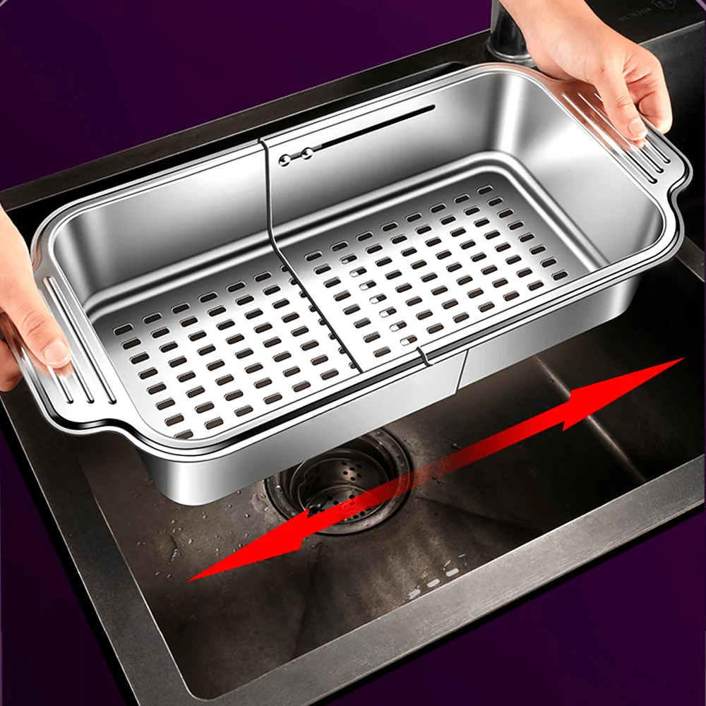 

Over-the-Sink Colander. Adjustable, Rust-Proof. For washing veggies, pasta & drying dishes effortlessly.