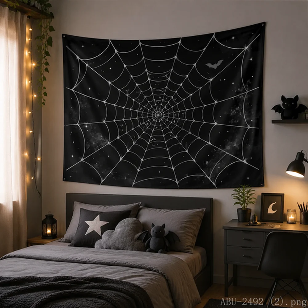 VIKAMA Halloween Tapestry, Giant Spider Web and Ghosts, Scary Night Theme Wall Hanging for Halloween Party Decoration