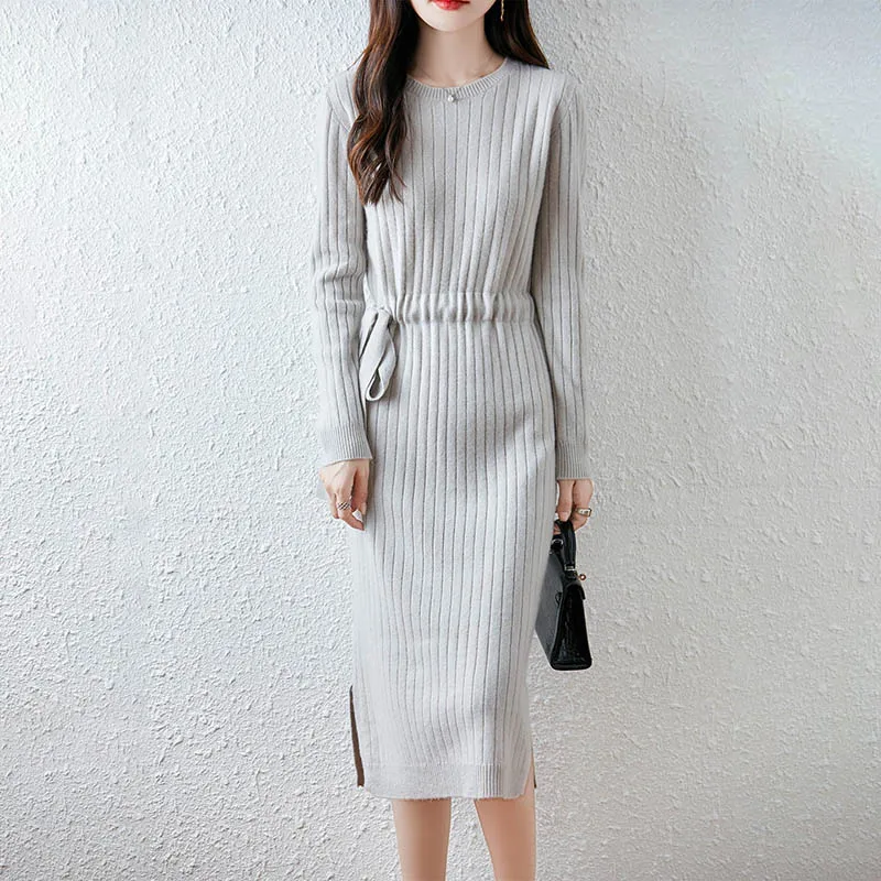 Smart Minimalist Adjustable 2025 Women's Mid-Long Dress with Belt 100% Merino Wool Figure-Flattering Knit Dress Long Sleeve