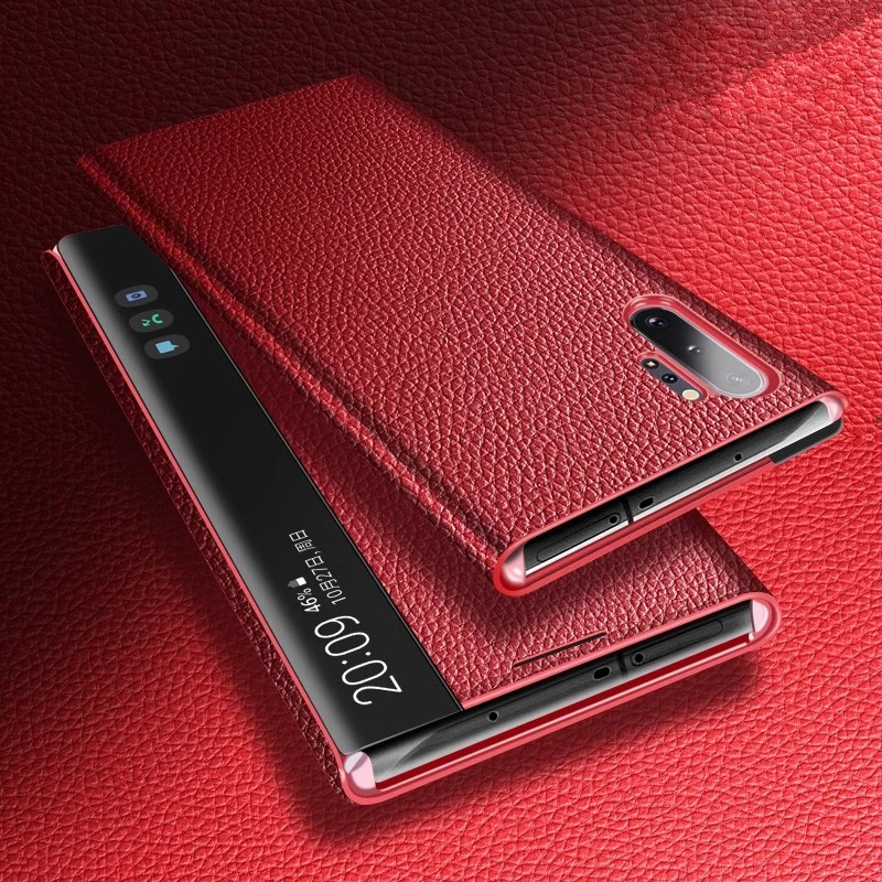 Retro Lychee Lederen Hoes Voor Samsung Galaxy Note 10 Plus Note10 + Window View Free-Flip Smart Chip Telefoonhoesje Voor Noot 20 Ultra