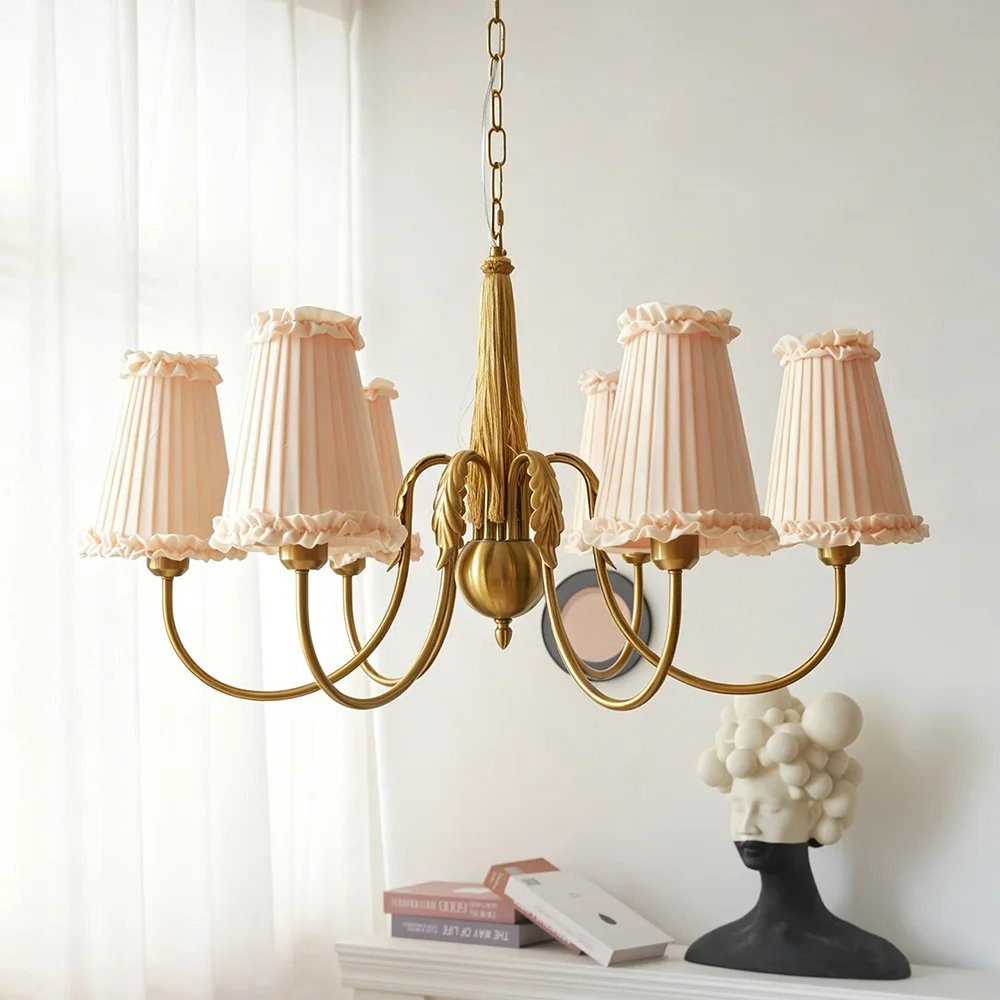 Retro French Iron Chandelier with Fabric Lampshade and Tassel Multi Light Gold Chandeliers for Living Room Bedroom Home Decor