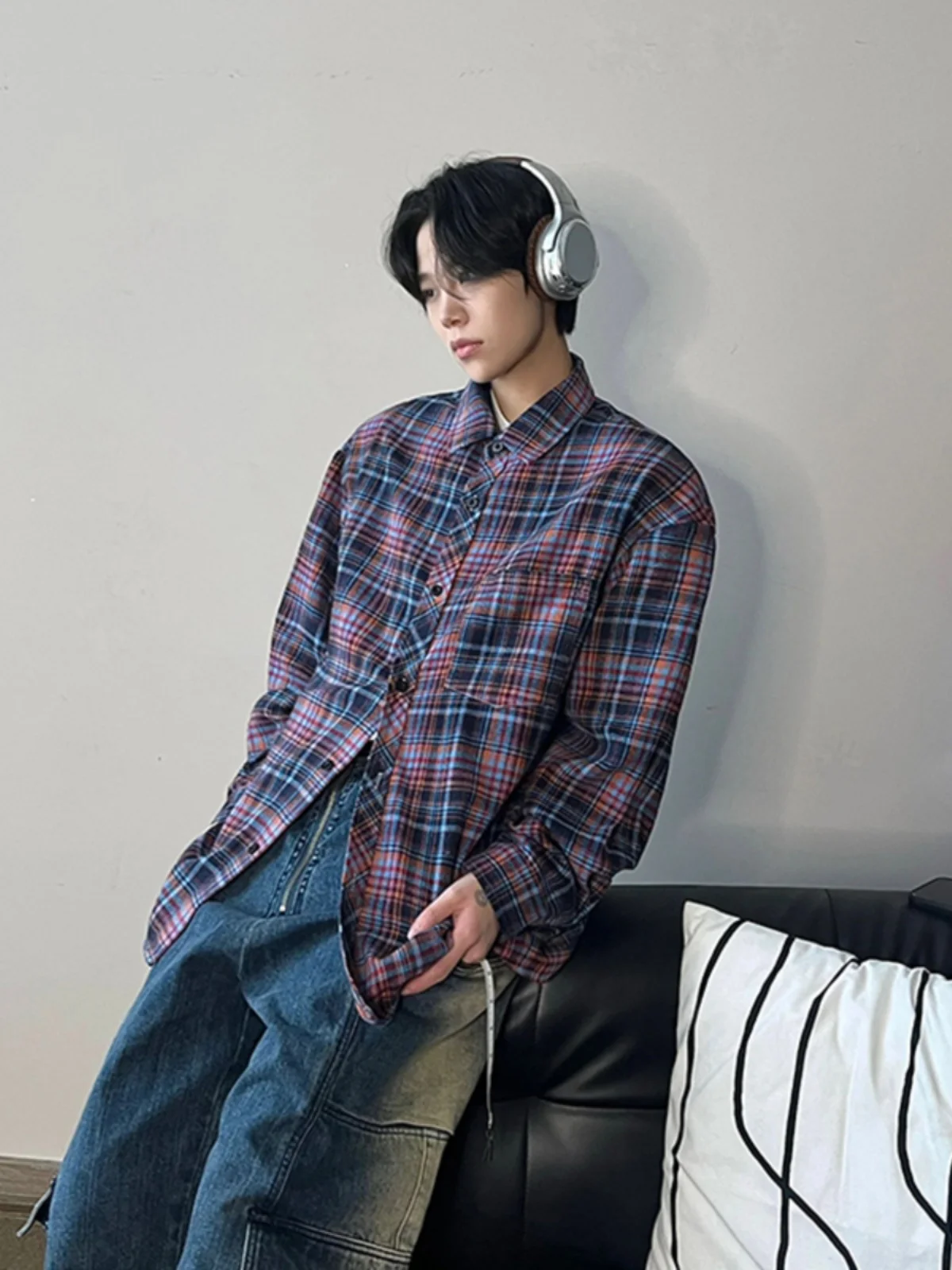 

Красно-синяя клетчатая рубашка с длинным рукавом для мужчин в американском ретро-стиле, стильная брендовая куртка из смесовой ткани (полиэстер, хлопок, вискоза)