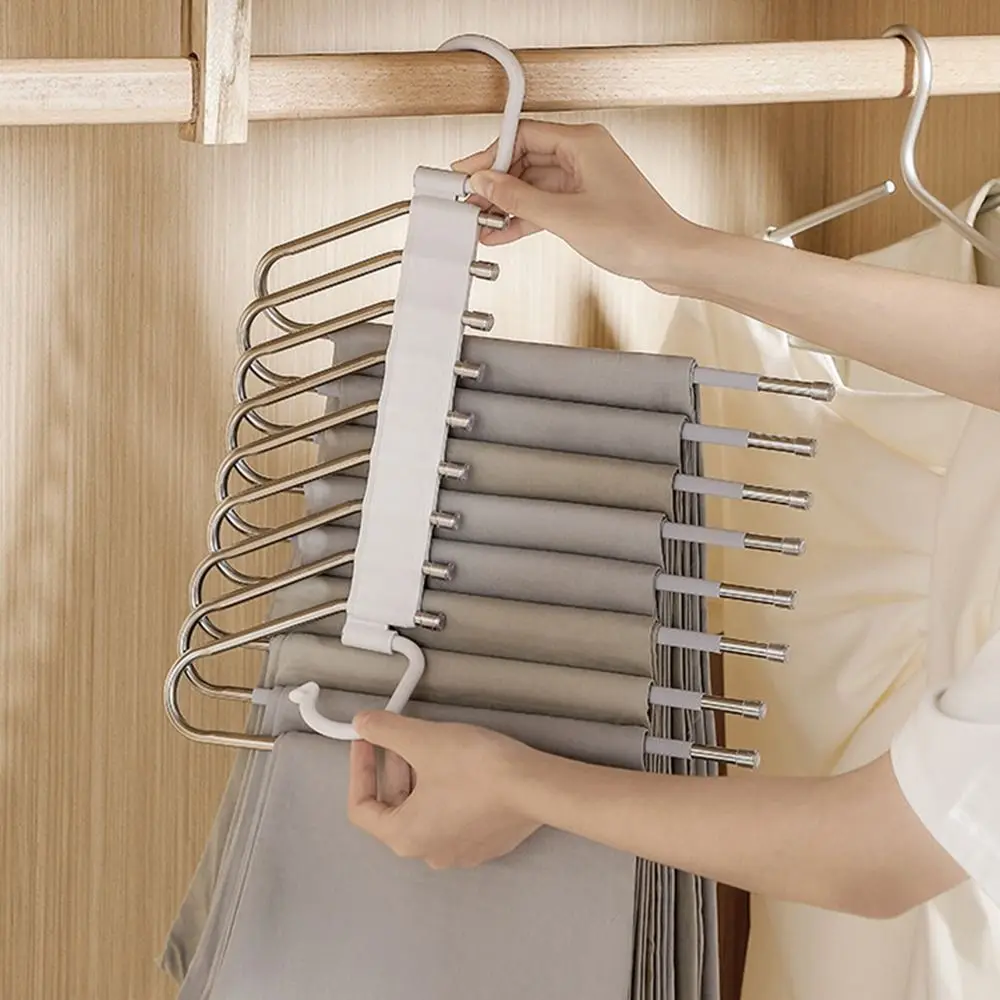 Space-saving Folding Pants Rack Stainless Steel Adjustable L-Type Closet Organizer Non-slip Large Load Bearing