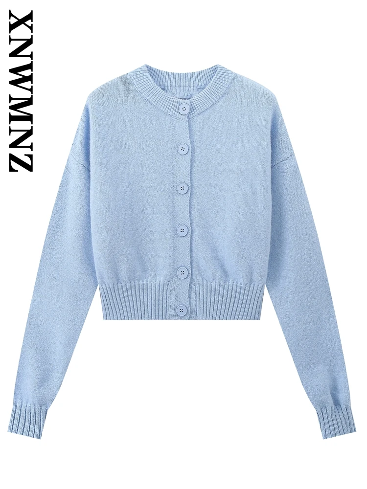 XNWMNZ-Cardigan Vintage à Manches sulfet Col Rond pour Femme, Haut Court à Volants et Boutonnage Simple, Collection Automne 2024