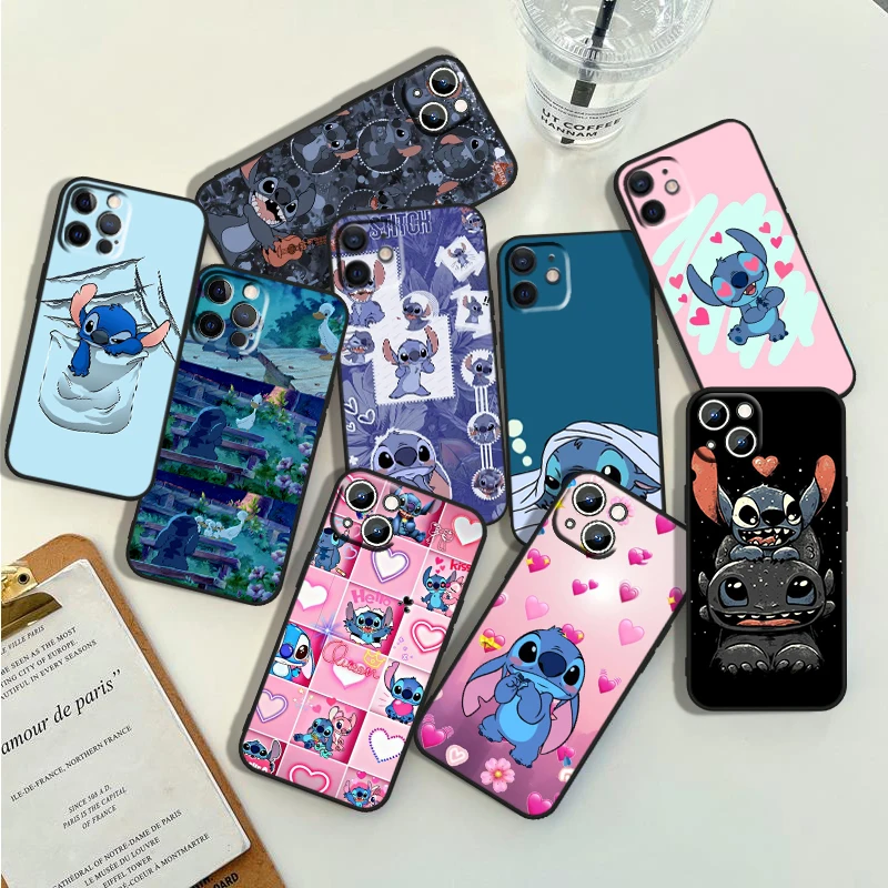 

Cute Lilo And Stitch Phone Case For Apple iPhone 15 14 13 12 11 Pro Max Mini XS Max X XR 7 8 Plus 5S Silicone Black Shell