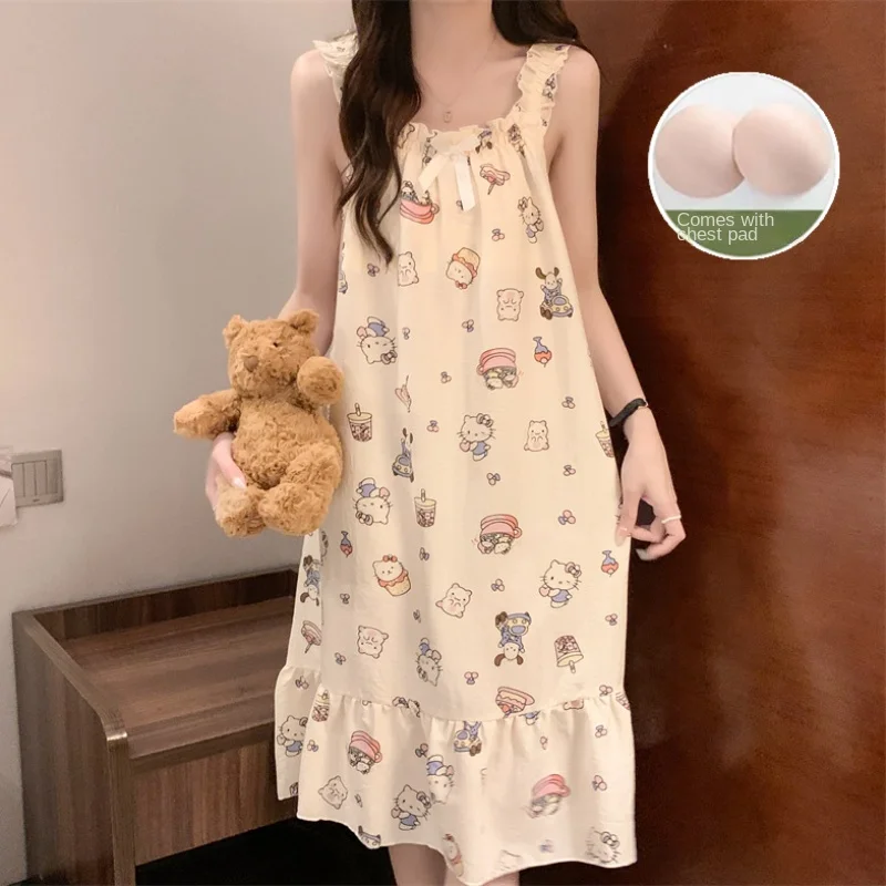 Sanrio New Hello Kitty Slip Nightdress Female Casual and Comfortable Refreshing Breathable with Chest Pad Home Sexy Pajamas