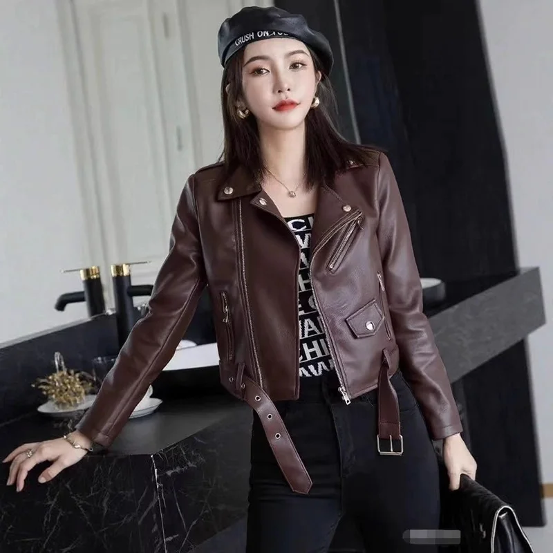 Spring Autumn Fashion Brand Short Women's Leather Jacket Slim Fit Stylish Pearl Embroidery Full Sleeve Loose Style Coat