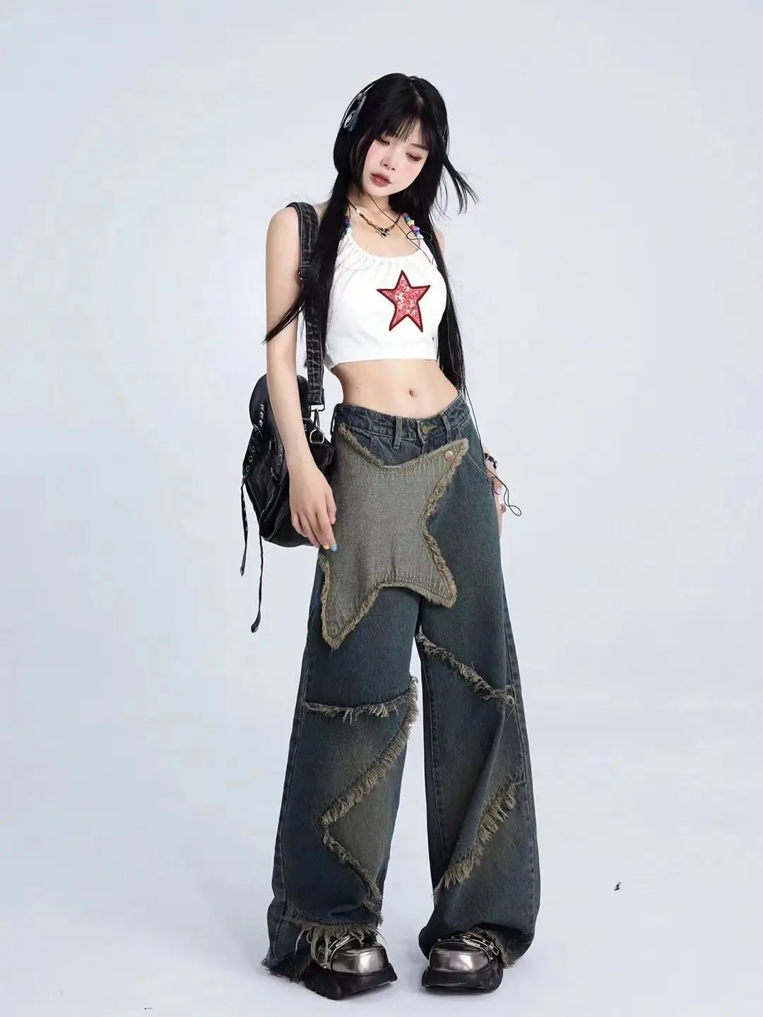 

Y2k Harajuku Vintage Dark Straight Leg Wide-Leg Pants Star Design Rough Edge Mop Pants Fashion High Waisted Baggy Street Jeans