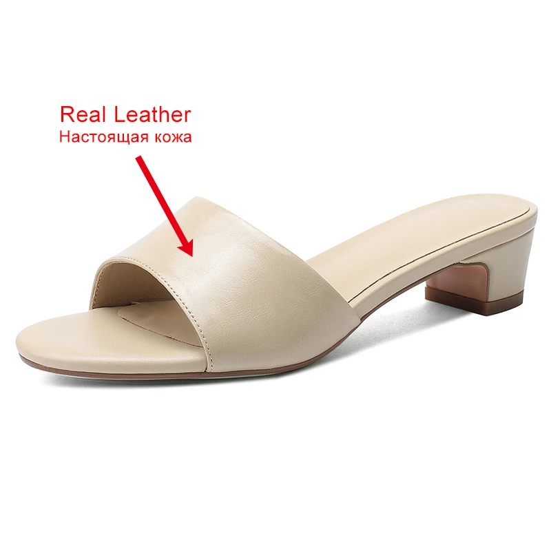 JOZHAMTA Size 33-42 Women Mules Sandals Real Leather Thick Mid Heels Summer Shoes 2025 Casual Daily Home Outdoor Slides Slippers