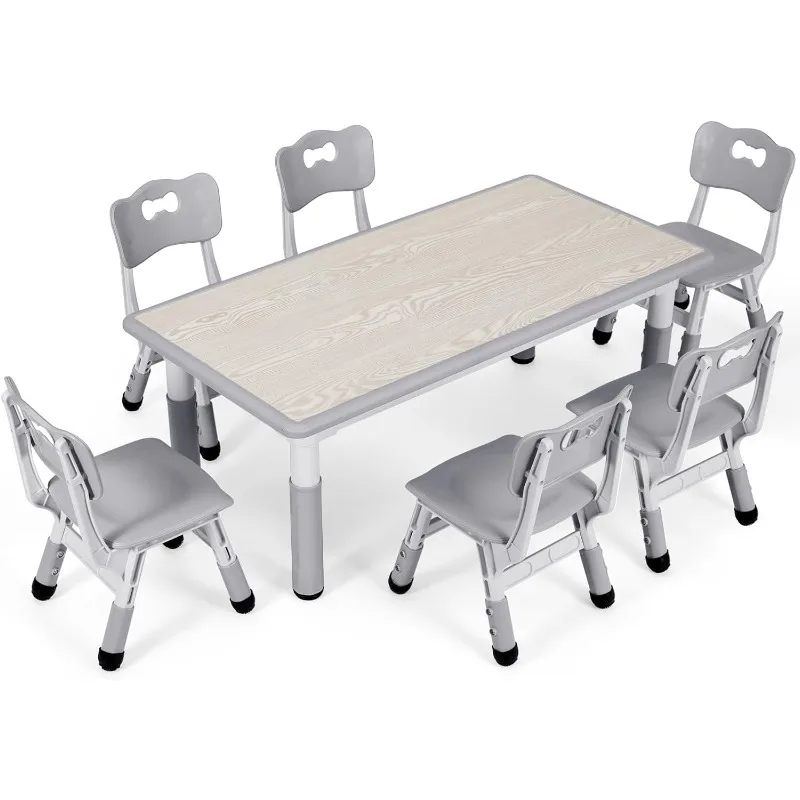 Kids Study Table and 6 Chairs Set, Height Adjustable Graffiti Table, Preschool Activity Art Craft Table for 6, Multifunction