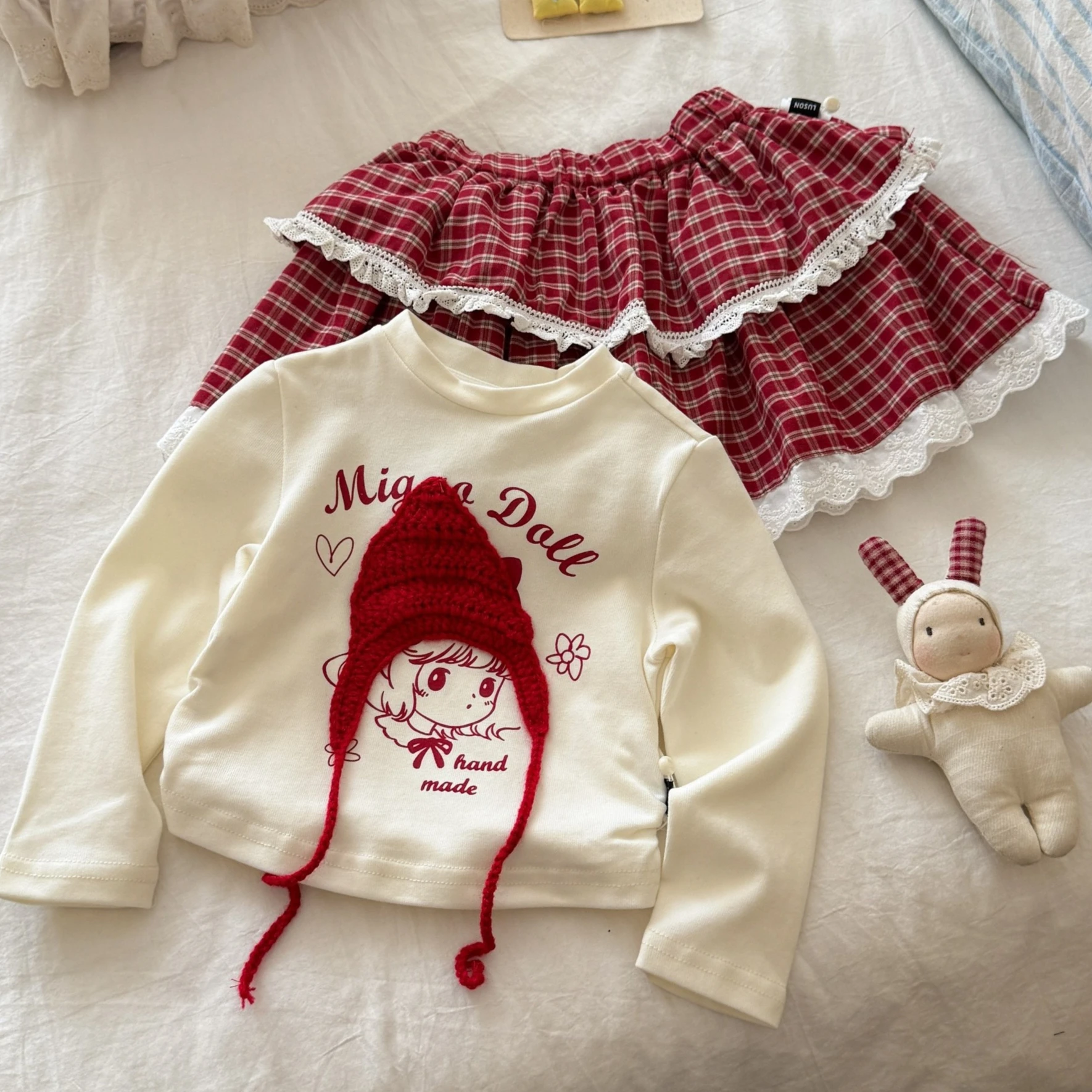 Girls Set 2026 Spring and Autumn New Children's Clothing Korean Girl Baby Sweet Cartoon T-shirt Plingham Lace Skirt Two Sets