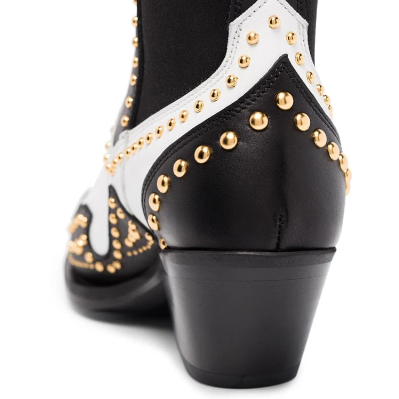 2026 Bootie Rock Club Rivet Short Boots Metal Pointed Head Fashion Womens Boots All Genuine Leather Retro Sexy Ankle Boots