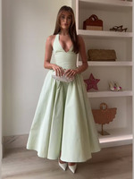 2025 New Green Women's Halter Midi Dress Sexy Slim Deep V Neck Backless Pleated Vestidos 2025 Spring Lady Elegant Beach Sundress