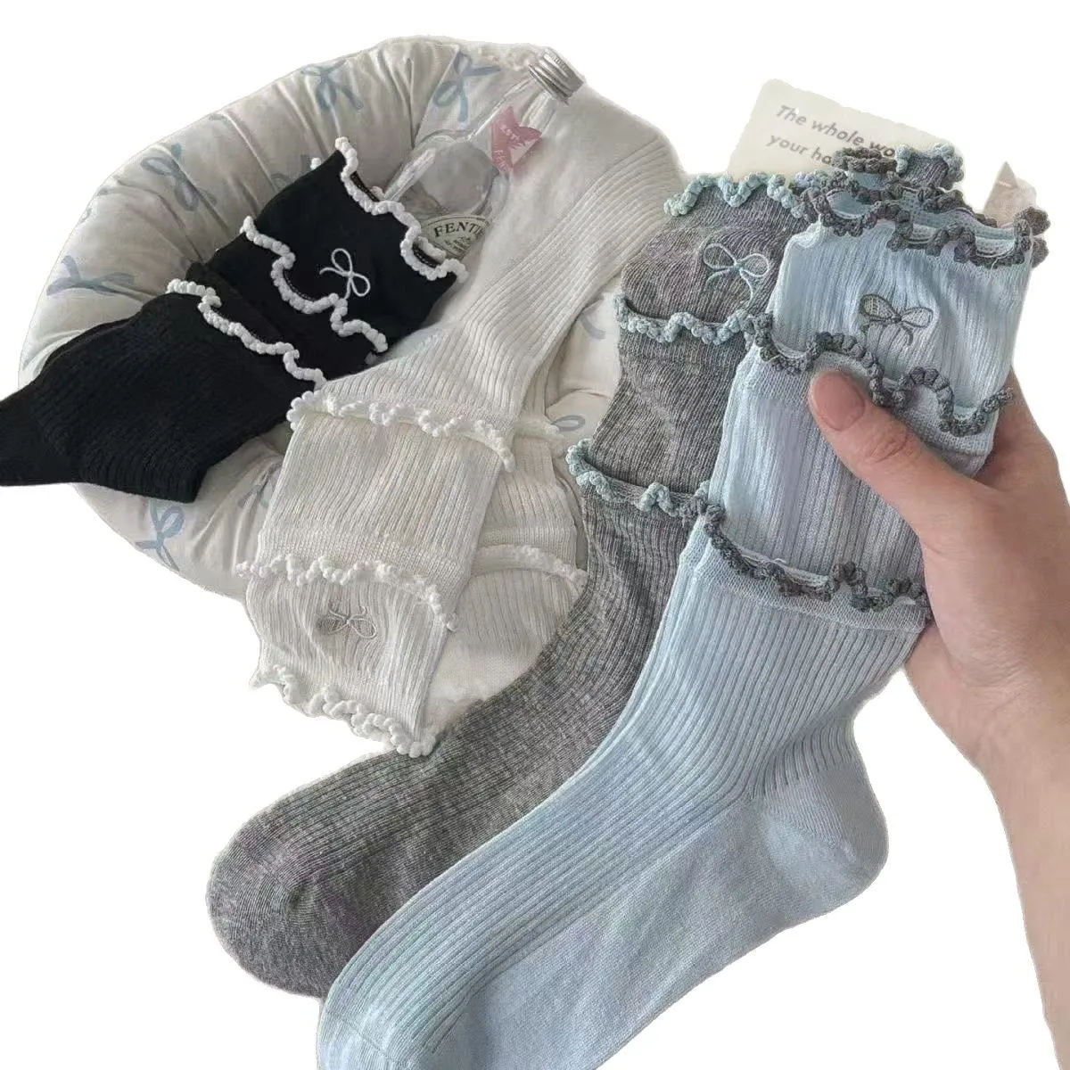 5 пар белых кружевных хлопковых носков до щиколотки, женские дышащие носки до середины икры