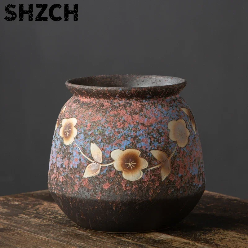 Hand-Carved Ceramic Planter  Green Retro Pastoral Pot  Wide-Mouth Succulent Holder  Desktop Artistic Decor Piece