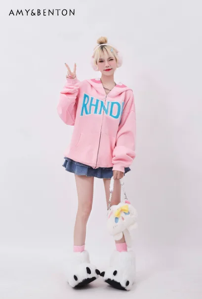 

2025 Spring and Autumn New Pink Women's Hooded Sweatshirt Fleece Thickened Cartoon Dinosaur Zipper Cardigan Hoodie