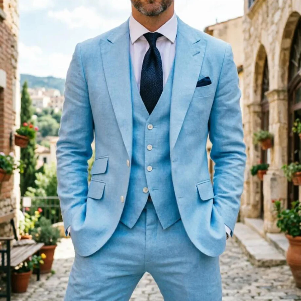Summer Linen Men Wedding Tuxedo 3 Piece Set Prom Suit Lightweight Slim Fit Blazer Vest Pants Set Breathable Formal Party Outfits