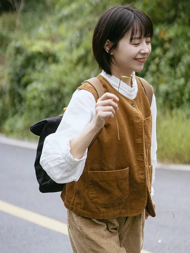 Zoki Vintage Women Corduroy Vest Fall Loose Preppy Style Sweet Vest Jacket Japan Casual Pockets Female O Neck Retro Solid Tops