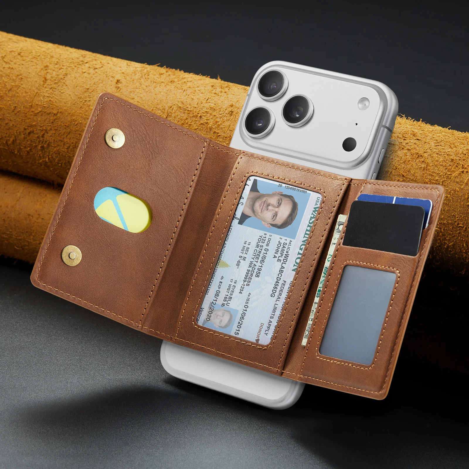 Abnehmbarer magnetischer Leder-Geldbörsen-Kartenhalter, Telefonständer für Magsafe iPhone 17 Air 16 15 14 Plus 13 12 Pro Max Bank-ID-Abdeckung