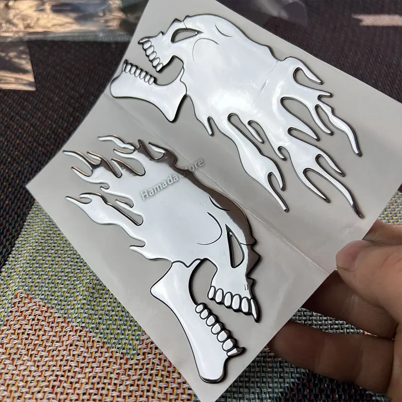 silver 3D Fire Ghost Skull Head Auto Hurricane Chrome Plating Motorcycle Stickers