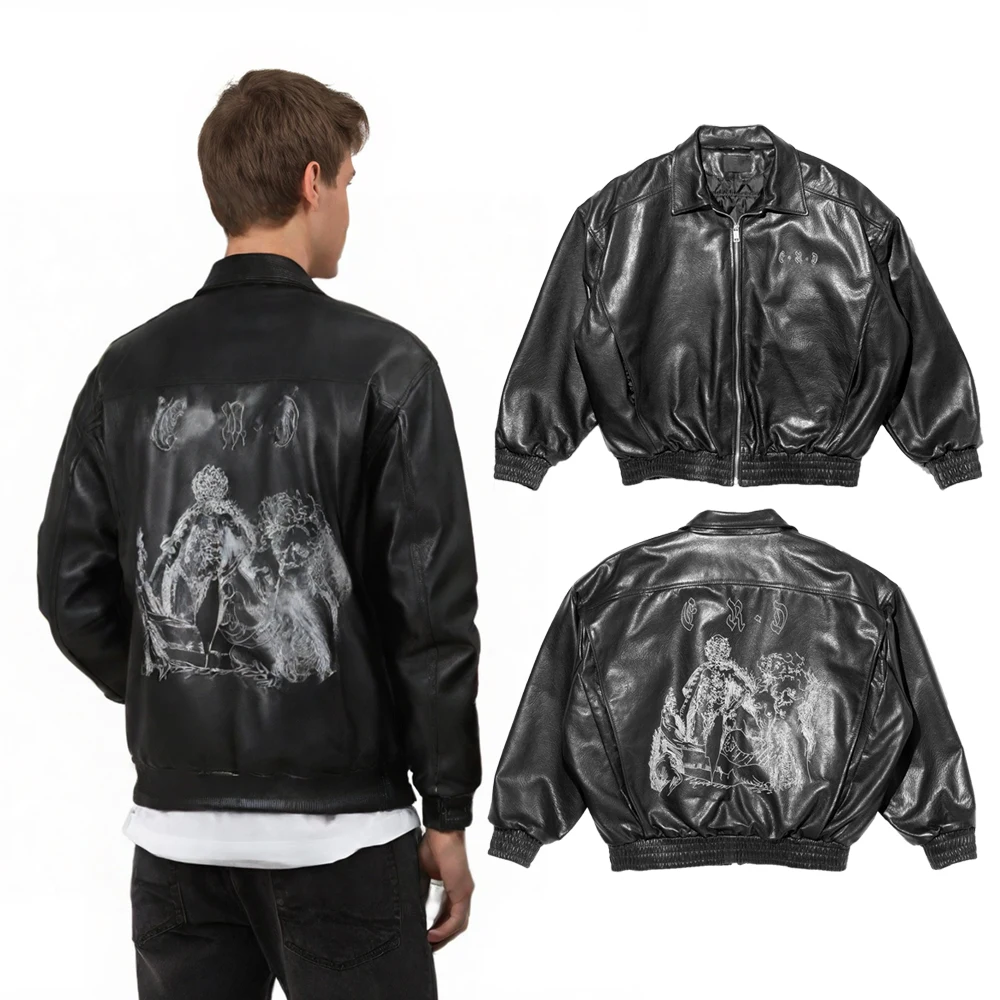 الشتاء الشارع الشهير ملابس خمر الرجال سستة التطريز سترات من الجلد الشارع نمط الهيب هوب معاطف جلدية القطن الثقيل عادية #1