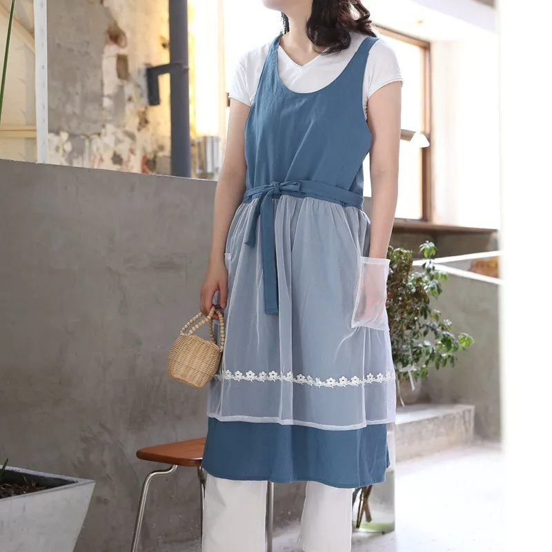 

Korean Cotton Yarn Kitchen Dress Apron with Pockets Cooking Baking Cross-back Pinafore Work Clothes for Beauty Salon Nail Shop