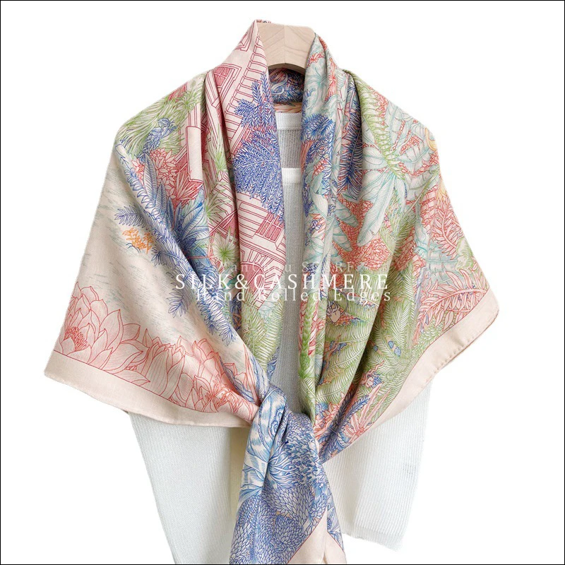 Double-sided Mulberry Silk Scarf Square Rolled Hem Cashmere Wool Scarves Wraps Roll Reversible AB Bandanas Stole Pashmina 135CM