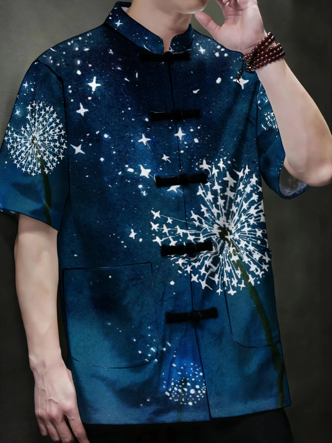 メンズ中国唐服半袖シャツ、伝統的なカエルボタン、スタンドカラ - Ethnic Wear Fashion Designer のレビューと価格