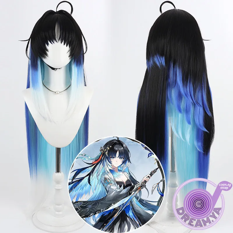 Yangyang Cosplay Wig Wuthering Waves Blue Mixed Long Heat Resistant Synthetic Hair Halloween Party Role Play Carnival + Wig Cap