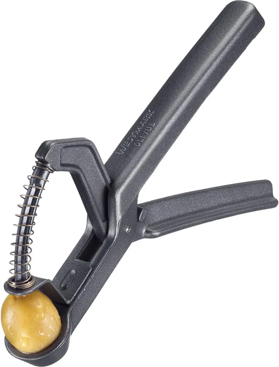 Descorazonador de Aceitunas Edición Negra, Dispositivo Manual con Resorte, Aluminio Fundido Resistente para Aceitunas Rellenas, Ensaladas y Cócteles