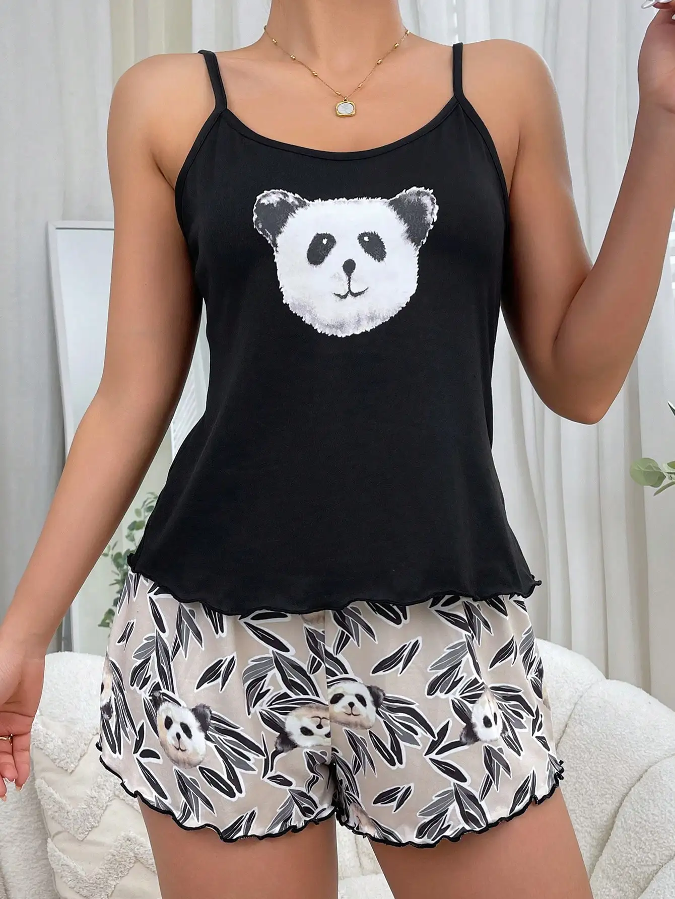 Women Pajamas Set Summer Sleepwear Panda Print Sleeveless Spaghetti Strap Top & Allover Prints Panda Bamboo Shorts Casual Soft