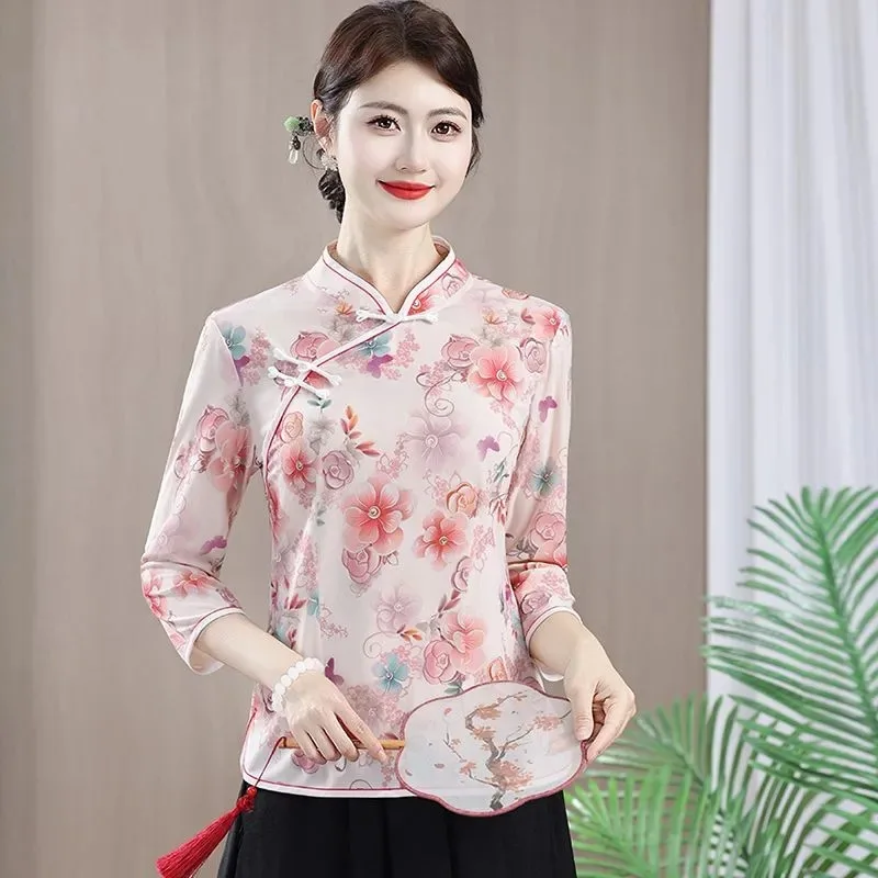 Women Chinese Style Improved Cheongsam Top Floral Print 3/4 Sleeve National Trend Retro Tang Blouse For Middle Aged
