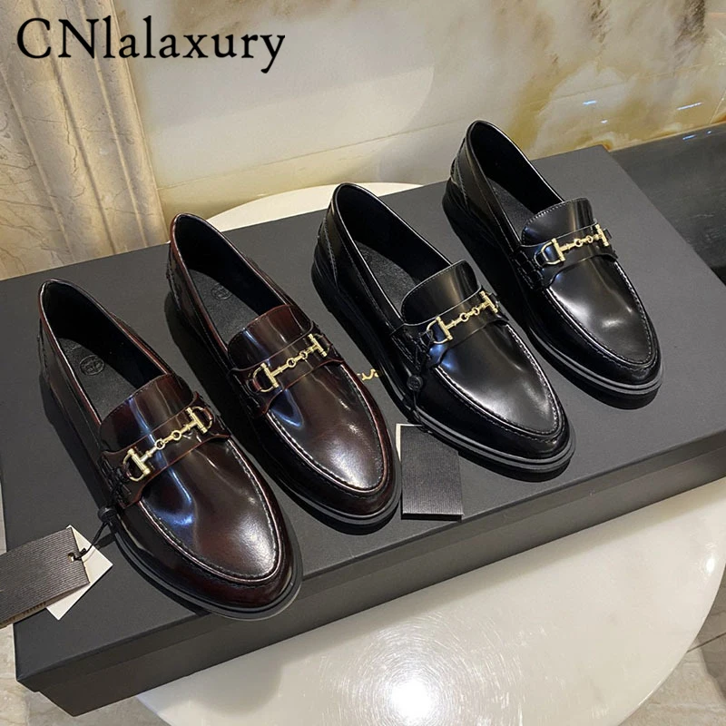 Cnlalaxury Dutti Slip-On Loafers Women Leather Shoes England Style Simple Solid Gold Buckle Real Leather plat shoes for women