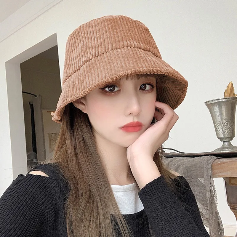 Cotton Striped Fisherman Cap Bucket Hat Women Winter Autumn Solid Color  Outdoor Simple Korean Casual Sunshade Women Hat New