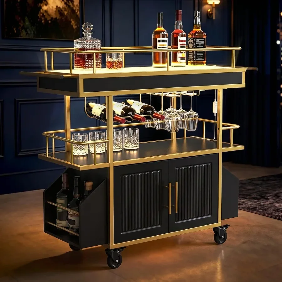 LED bar cart for home bar and wine storage, stainless steel frame, matte black finish, with adjustable shelves and soft-close c