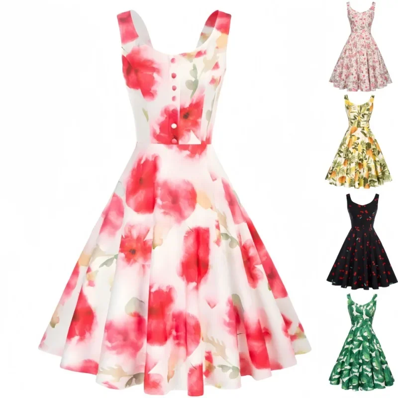 

Летнее платье без рукавов на тонких бретельках с цветочным принтом, женские элегантные винтажные вечерние платья 50-х годов, костюмы для косплея
