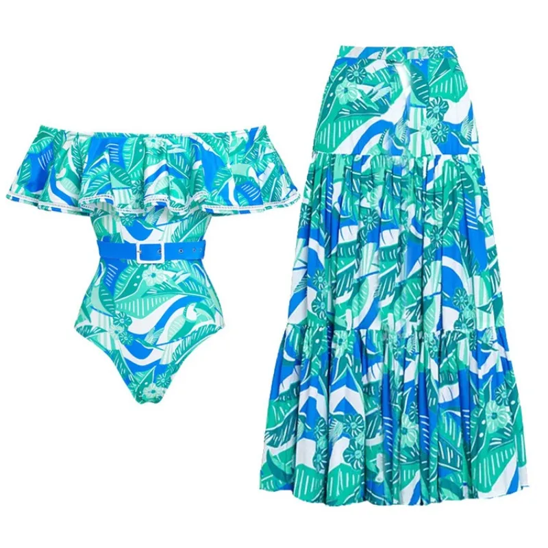 One Piece Swimsuit For Women European And American Swimwear Tube Top Ruffle Edge Printing One-piece Swimsuit Vacation Suit Women