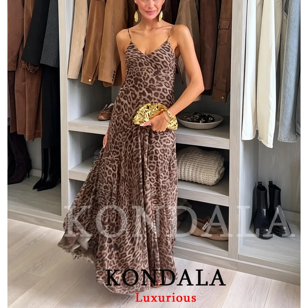 KONDALA Vintage Sexy Women Long Cami Chiffon Dress Leopard Beach Holiday Party Dress Fashion 2026 Spring Summer Elegant Dress - Image 2