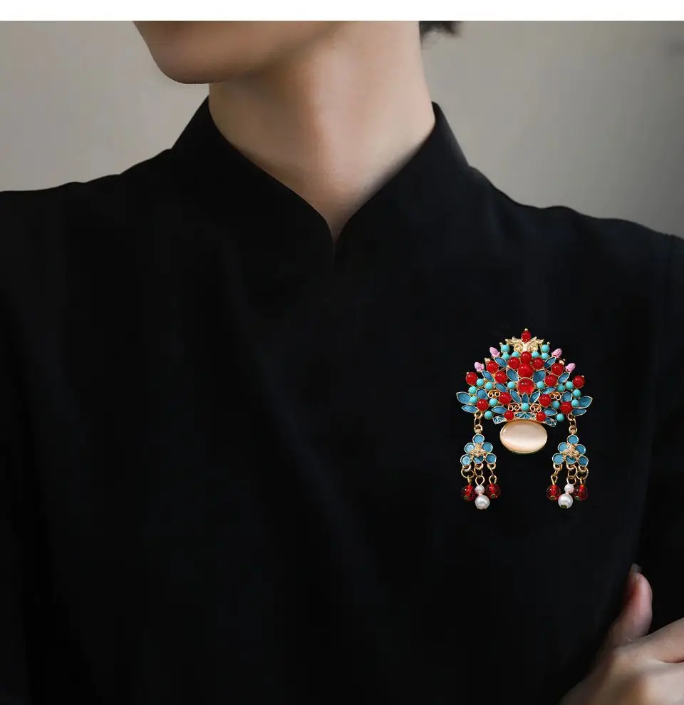 Original China-Chic Phoenix Crest Flower Dan Tassel Brooch Chinese Court Chest Citi Cloth Pin Buckle Gift--