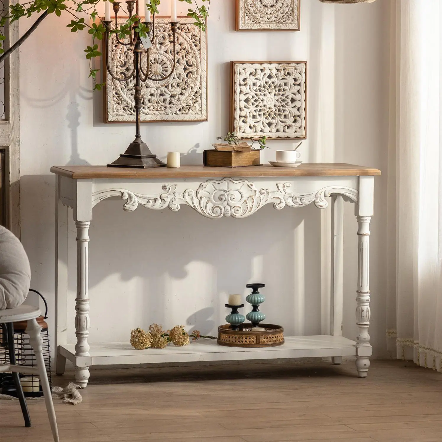 Shabby chic White Wooden Console Table French White Hallway Table with Open Shelf