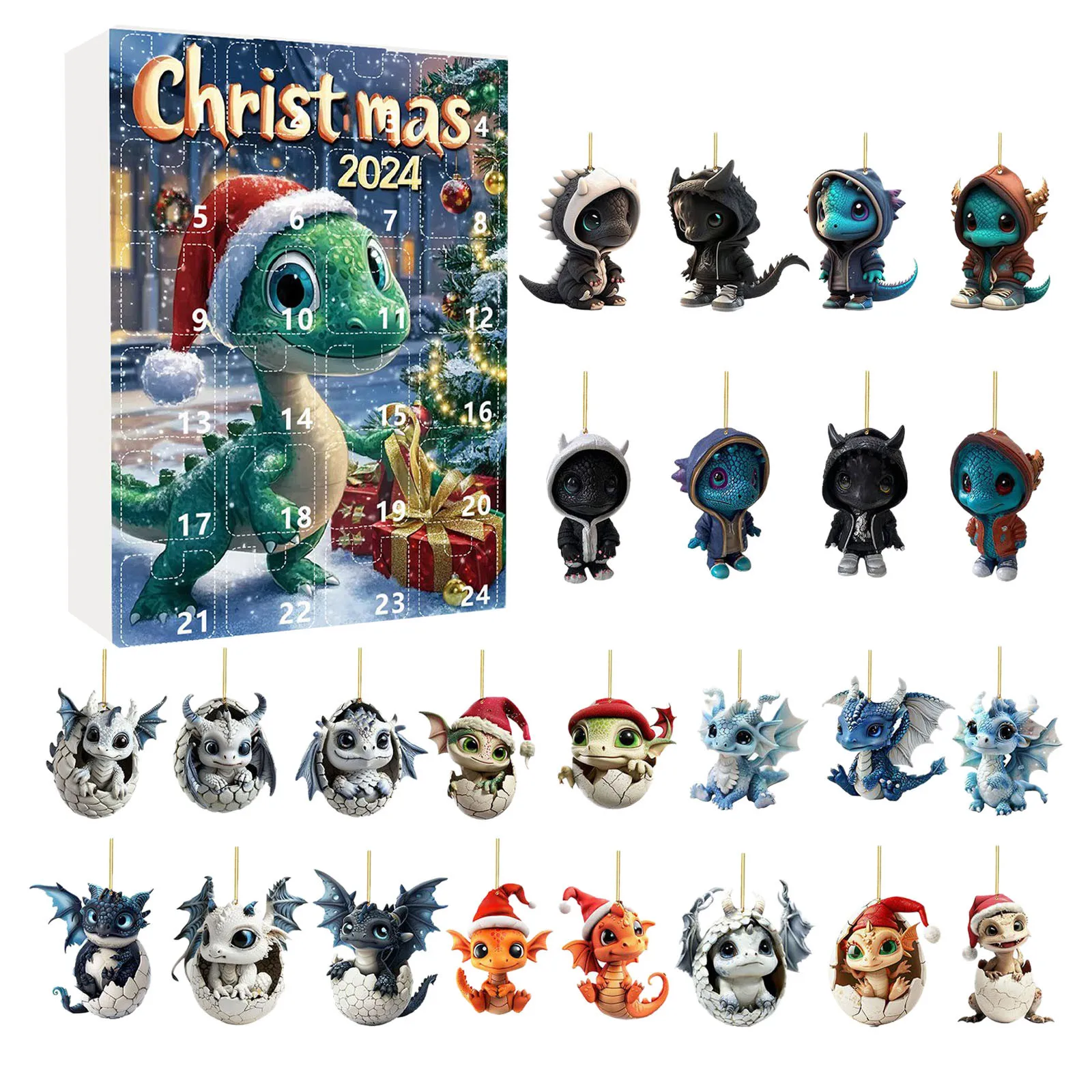Set per bambini in vetro Albero di Natale Ciondolo drago Calendario dell'Avvento 2024 Conto alla rovescia di Natale di 24 giorni Orologio digitale per bambini con timer