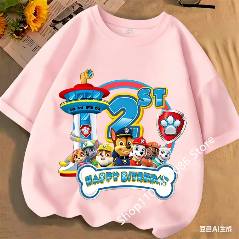 Paw Patrol blue T-shirts for Boys Anime Cartoon Cute Birthday Clothing Children Summer Fashion Short Sleeved Shirt Kids Clothes