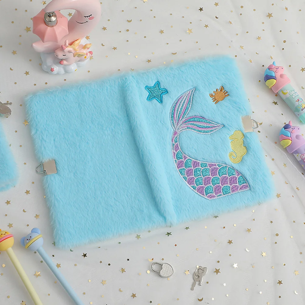 Fluffy Locking Notebook Girl Cartoon Plush Locked Mermaid Tail Diary The Notepad with Portable
