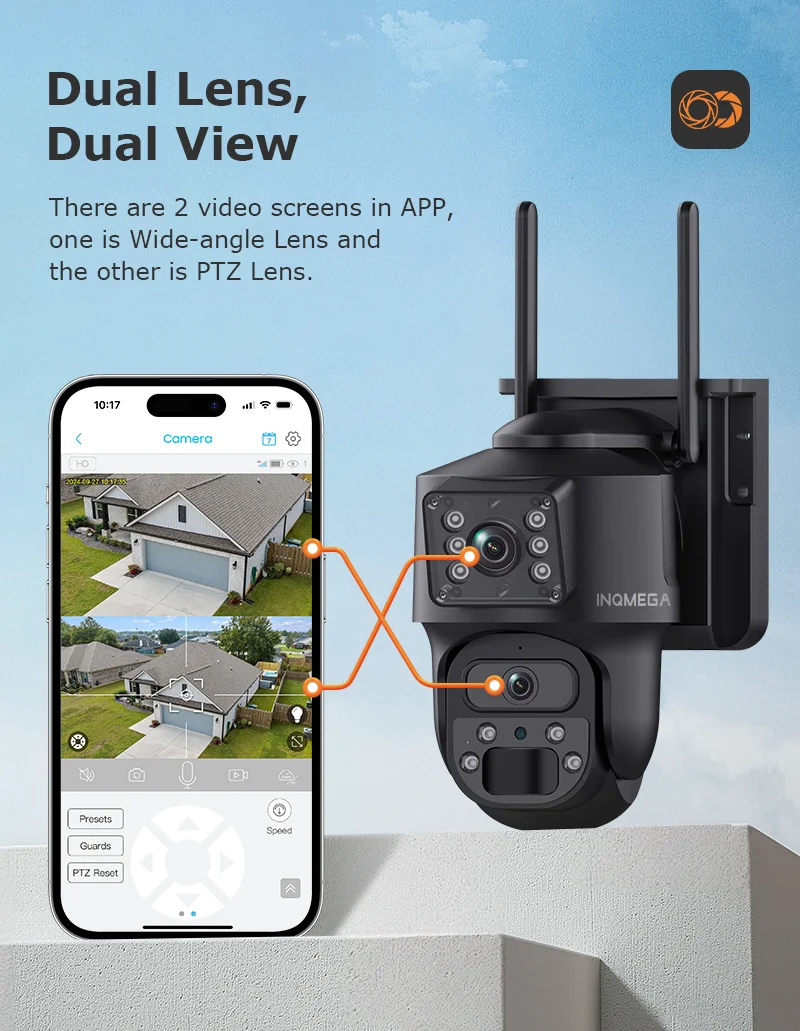 INQMEGA 4K 6MP Solar Camera 4G Sim Dual Lens Security Dual Screen Recording Humanoid Tracking Color Night Vision WiFi Cam PTZ