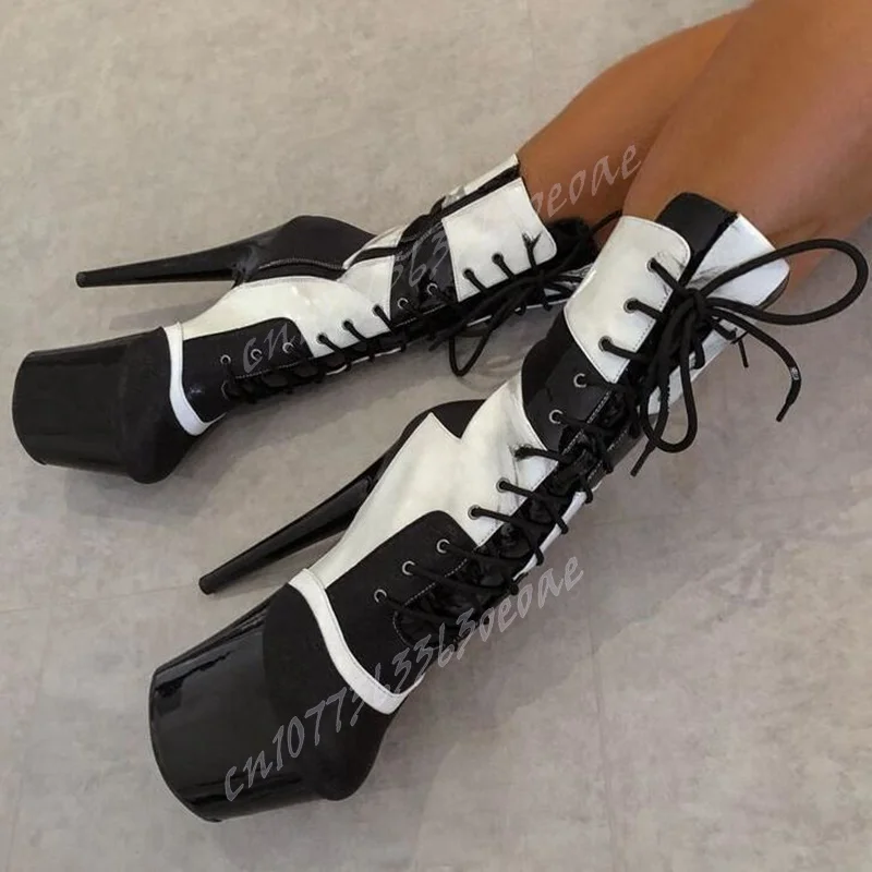 

Patchwork Cross Tied Platform Boots Patent Leather Shoes for Women Spike High Heels Sexy Lady Shoes 2024 Zapatos Para Mujere