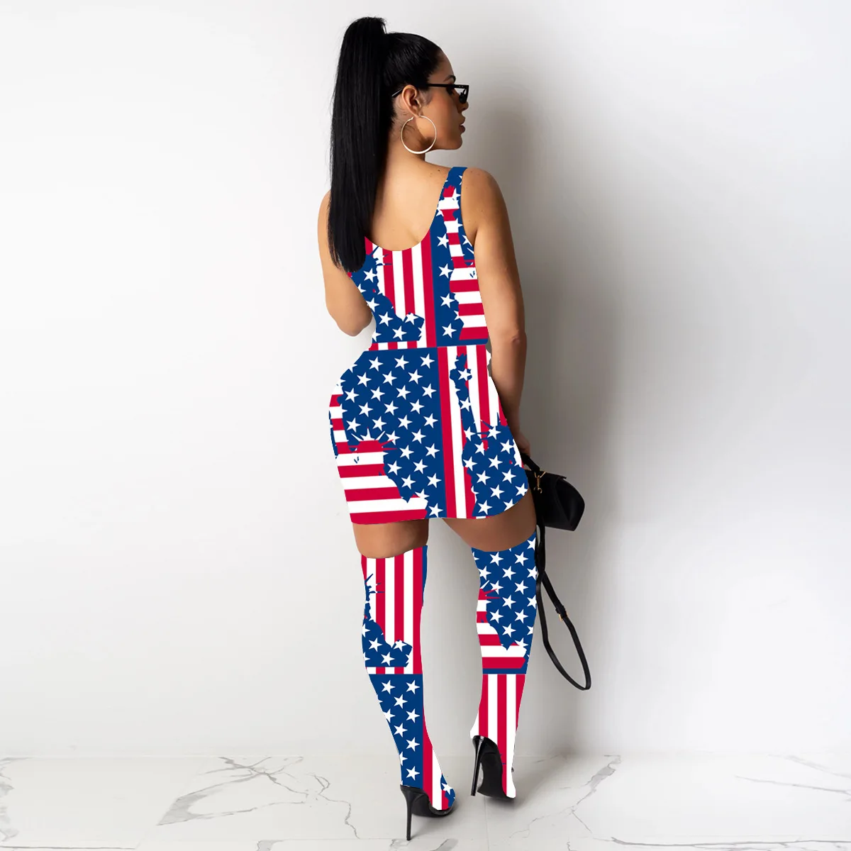 Woman Sleeveless Tank dress USA Flag Independence day Printed Bodycon Mini dress +Foot Sock 2pcs Size XL