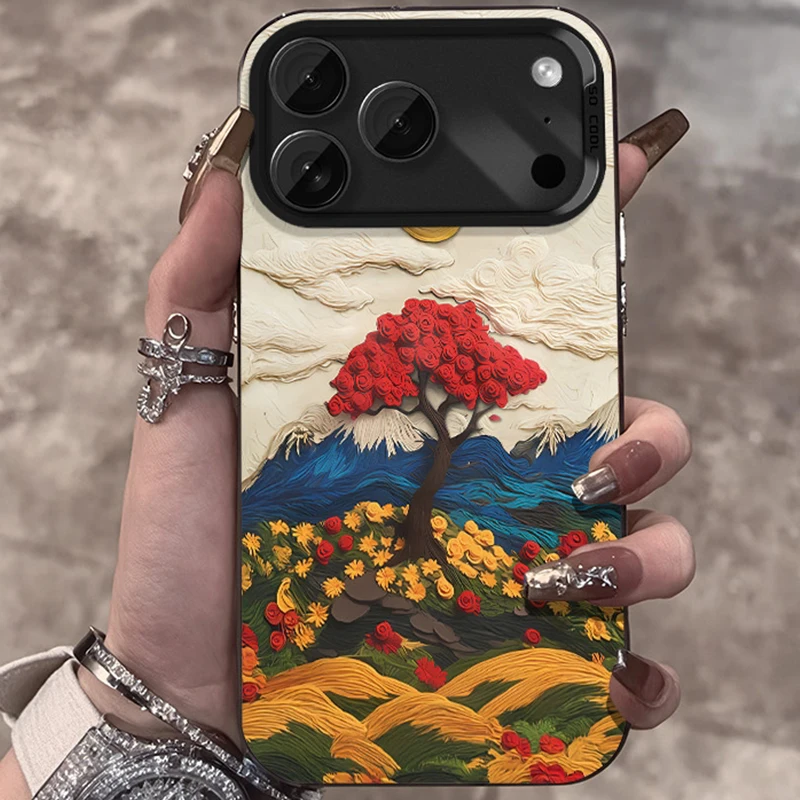 

Oil Painted Mountain Flower Phone Case For iPhone 17 Pro Max XS X XR 11 13 12 14 15 16 7 8 Plus 16E 17 Air Shockproof Back Cover