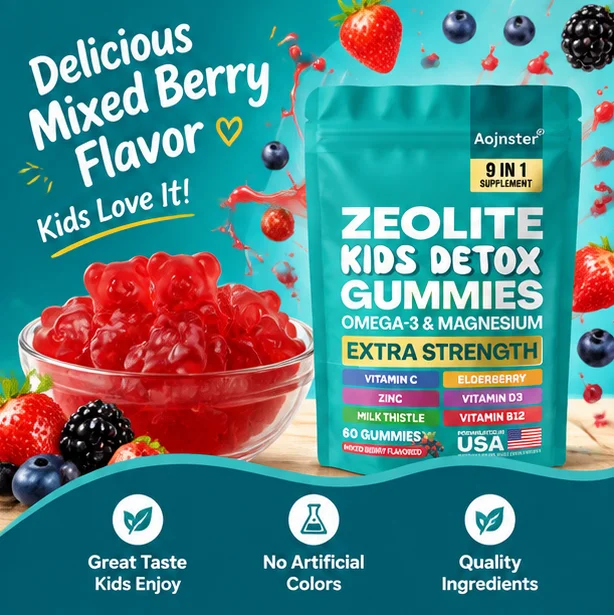 Mixed Berry Zeolite Kids Detox Gummies, Extra Strength 9 in 1 Nutrition, Omega-3, Magnesium & Multiple Vitamins,Daily Supplement