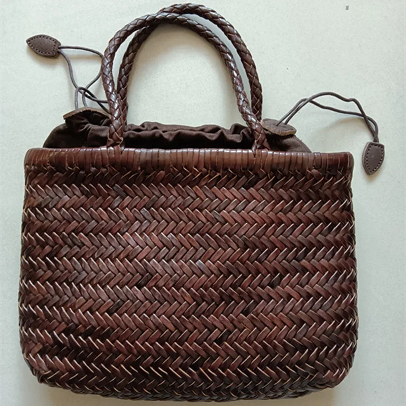 Return to the ancients Weave Genuine Leather Handbag Feminine Handmade Woven Bucket  With Cotton Pockets Shopping Bags