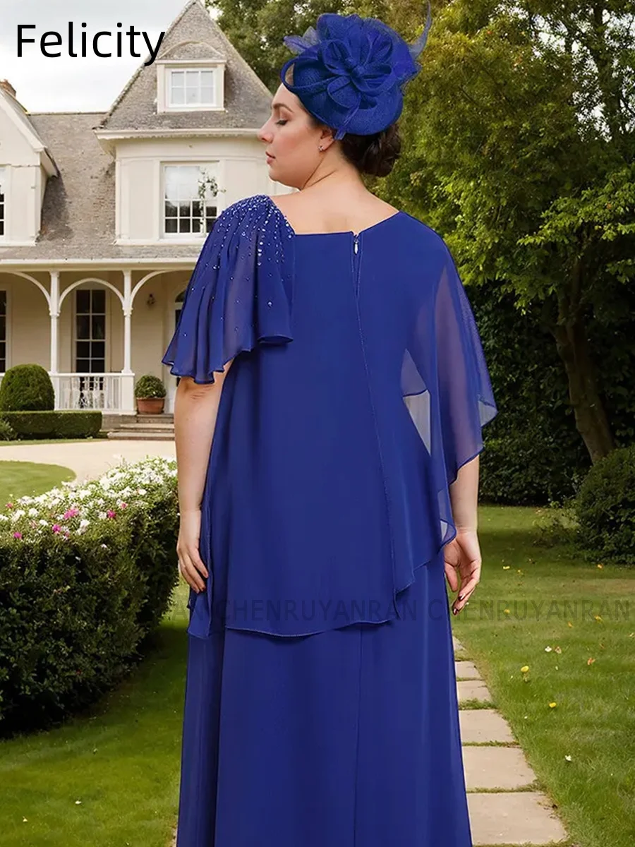 Plus Size Beads Mother of the Bride Dresses 2026 Chiffon Long Formal Wedding Guest Dress A-line Blue Evening Party Gown Custom